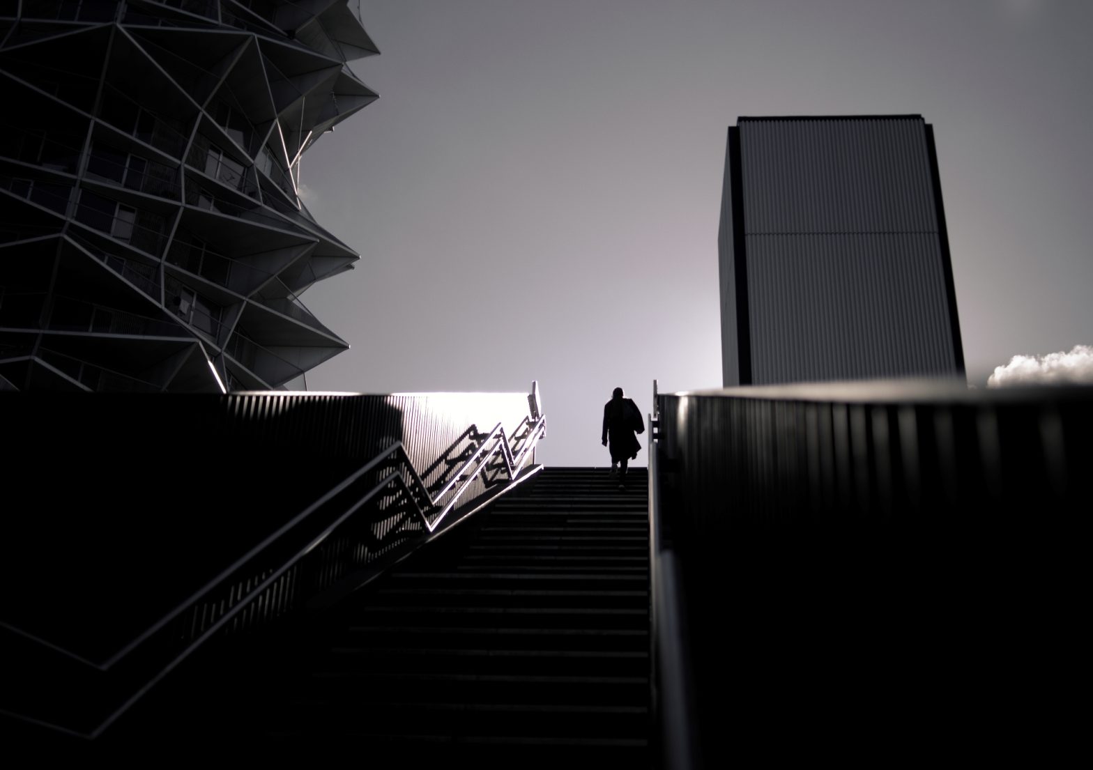 Black and white photo of Kaktus Towers, Copenhagen. Tower 1 in the left-hand side of the photo.