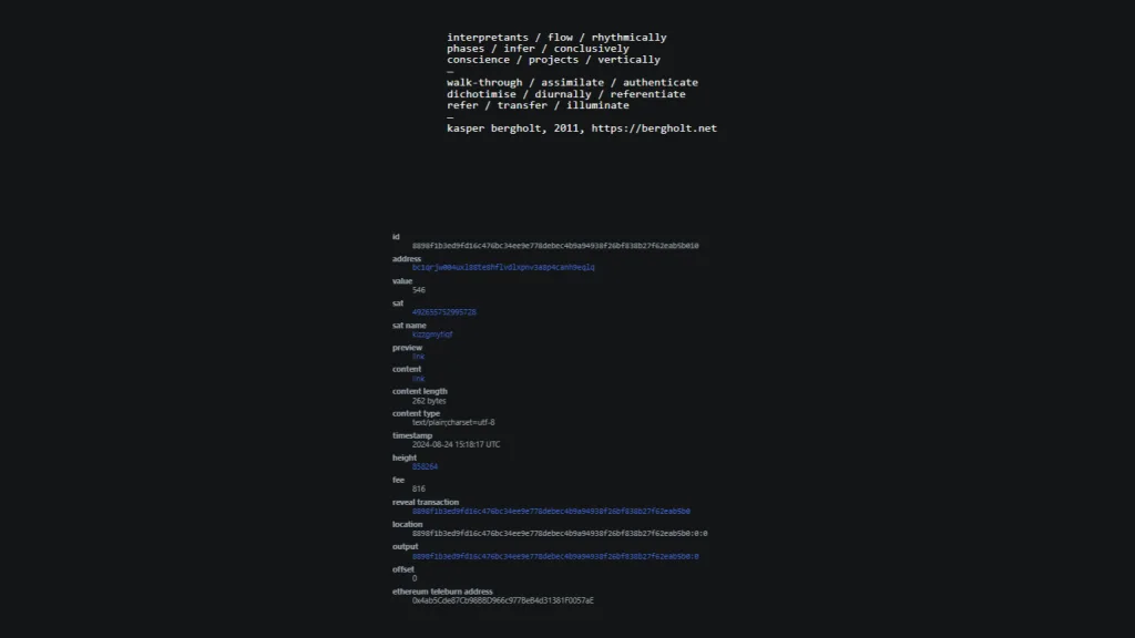 Information page showing Bitcoin Ordinals inscription #74,857,184 details — a 262-byte poem by Kasper Bergholt, written in 2011 and inscribed on August 24, 2024 in block 858,264.