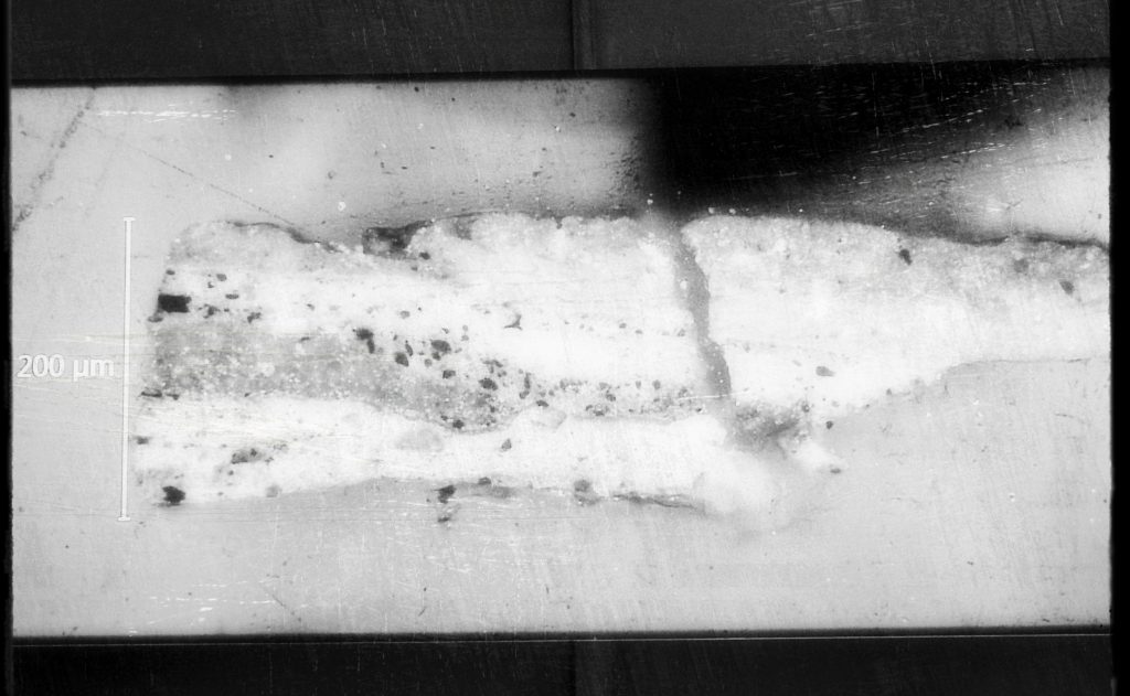 Simulated glass plate photography of a tiny pigment fragment from Dancers in the Foyer by French impressionist painter Edgar Degas (1834-1917). CCD-based photo taken on July 20th using a CCD-based camera – a photo of a photo of a fragment of a pigment, removed from Dancers in the Foyer.