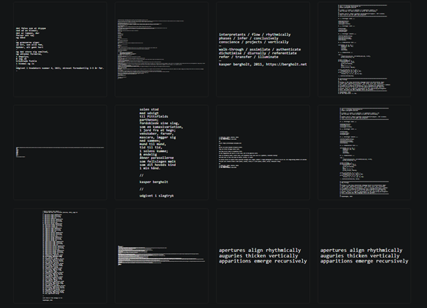 Textual presentation of 2011 and 2026 systems poetry by Danish artist Kasper Bergholt in addition to non-system poetry in Danish (previously published in Hvedekorn and Slagtryk).