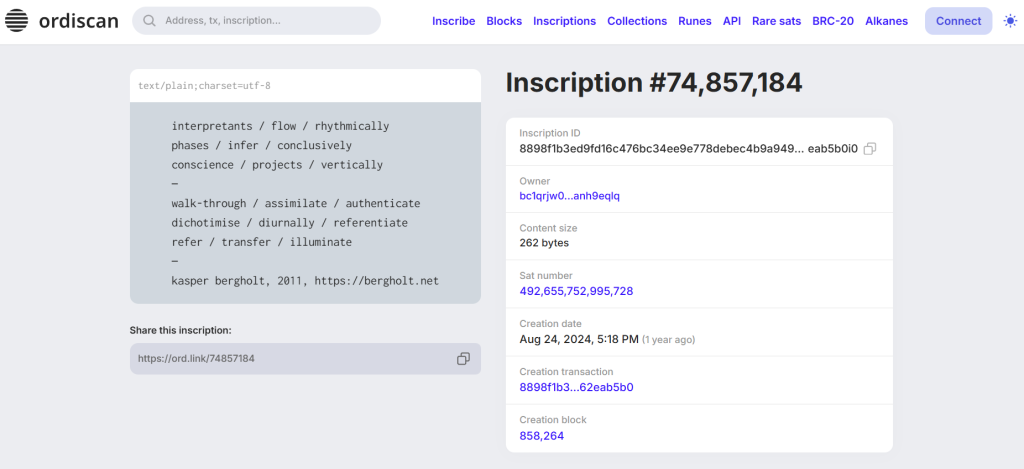 Bitcoin Inscription #74,857,184 - short systems poetry by Kasper Bergholt.