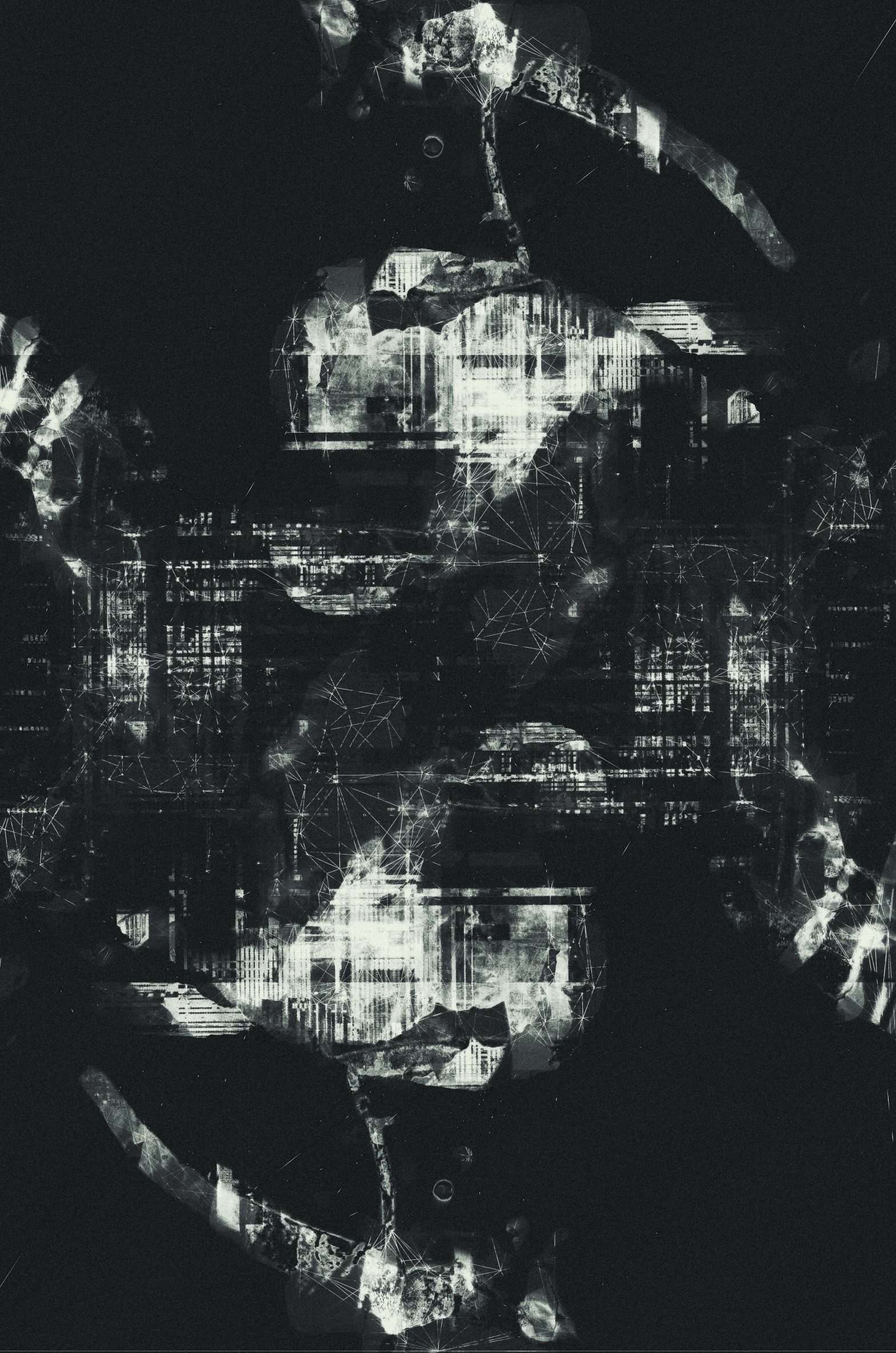 Black-and-white digital composite evoking a solar eclipse: a darkened disc crossed by fine white triangulation lines and scattered points of light, from Kasper Bergholt's triptych Sun.