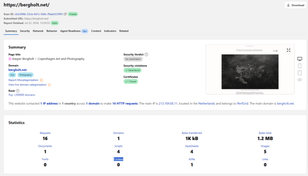 Cloudflare Radar scan of bergholt.net on July 22nd documenting the site does not use any cookies.